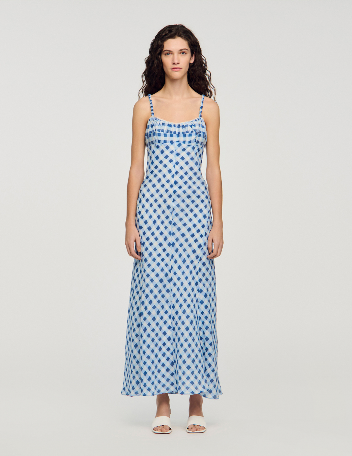 Жіноча довга картата сукня з льону_6