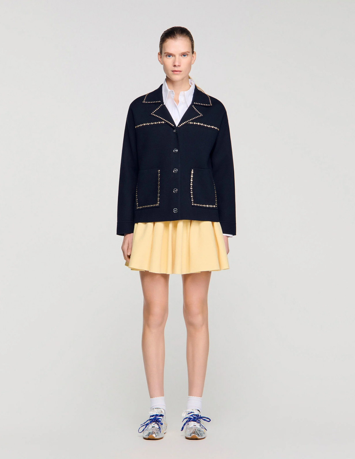 Женский синий кардиган с заклепками_2