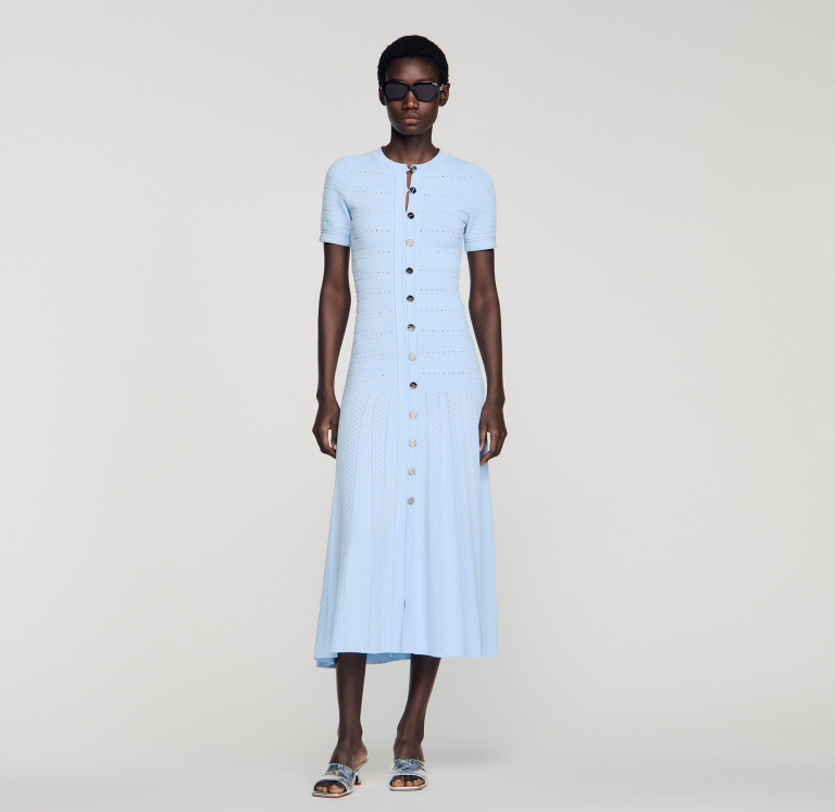 Женское голубое вязаное платье