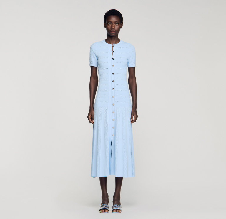 Женское голубое вязаное платье