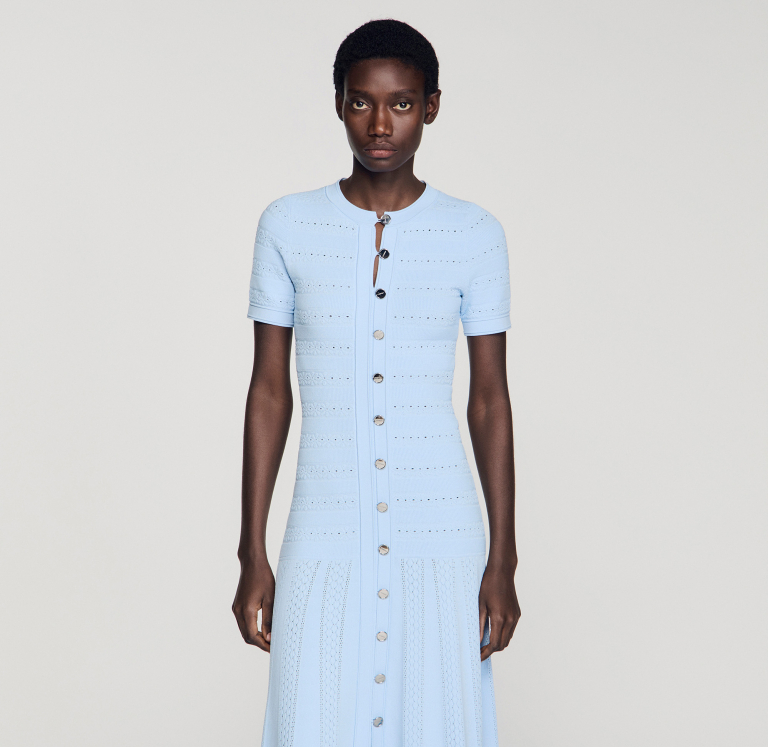 Женское голубое вязаное платье