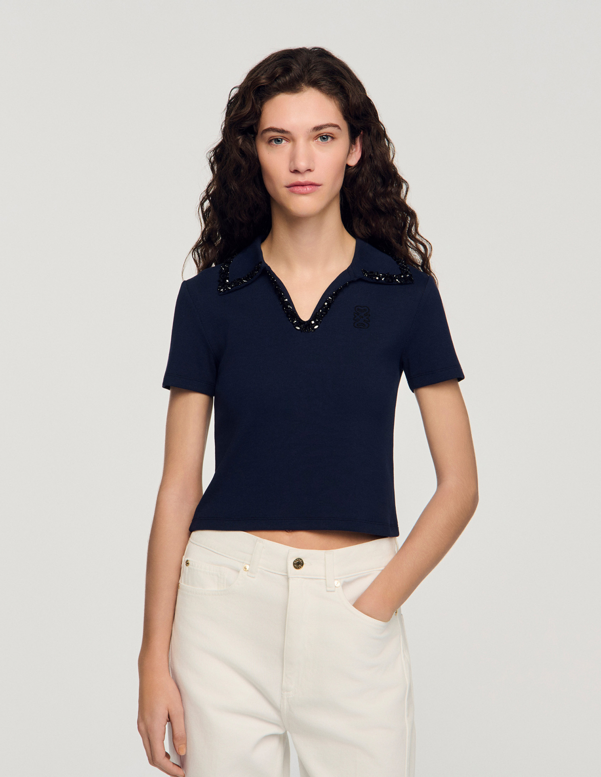 Жіноча футболка-поло з декорованим коміром_4