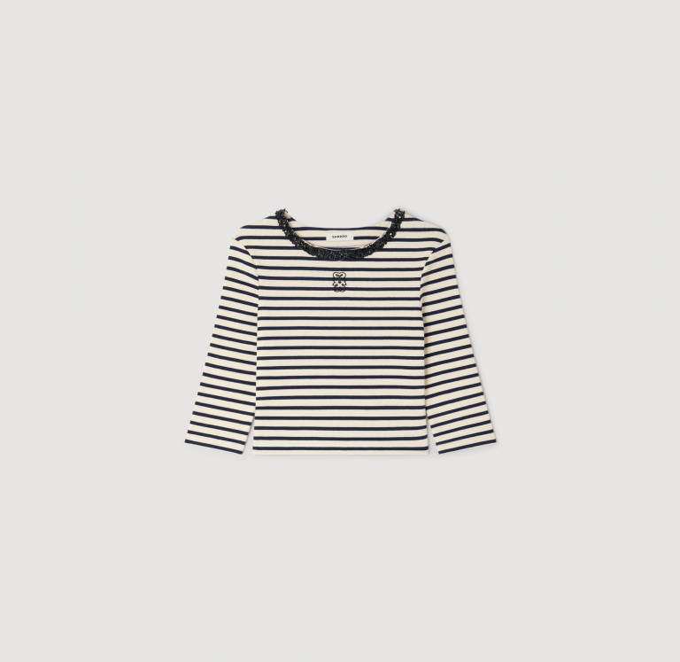 Жіночий смугастий лонгслів з коміром зі стразів