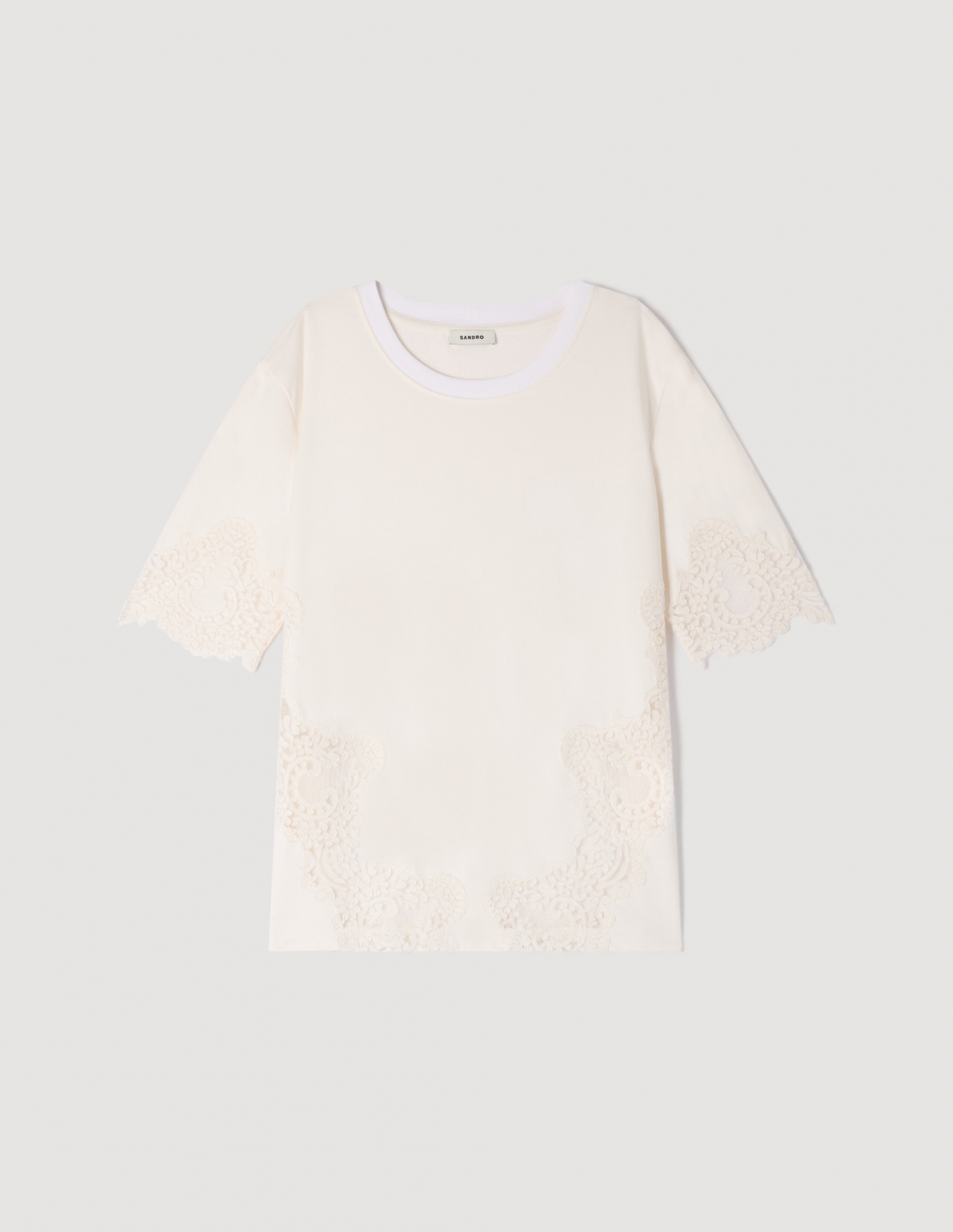 Женская молочная футболка с кружевной отделкой_7