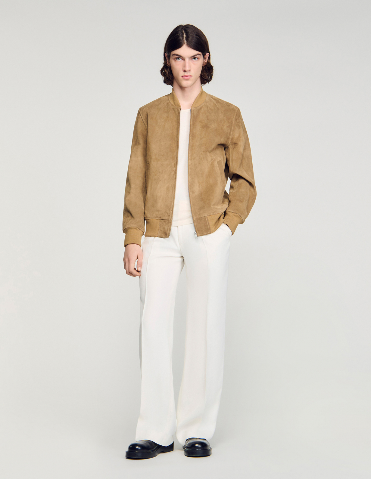 Мужской бежевый замшевый бомбер_1