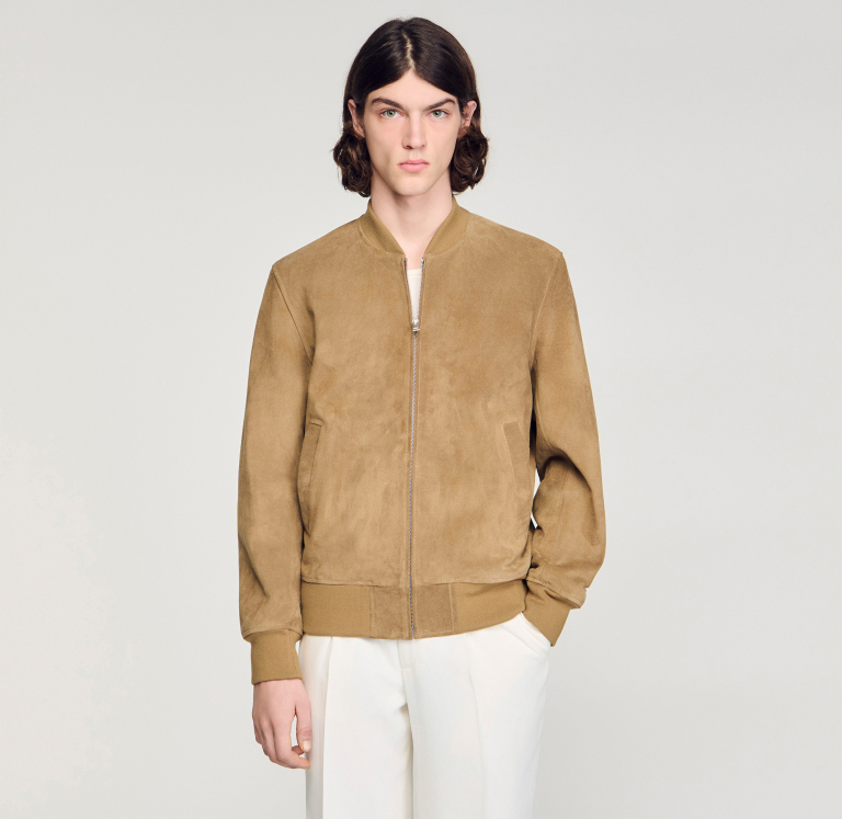 Мужской бежевый замшевый бомбер
