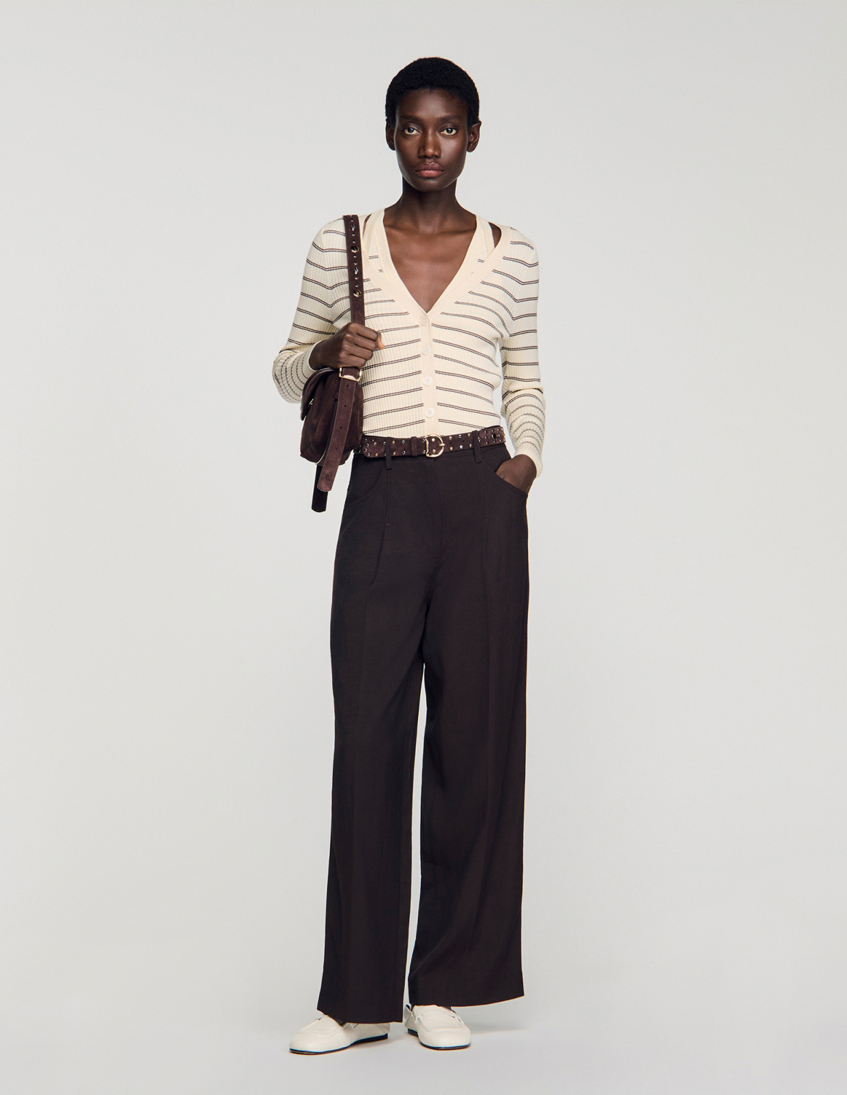 Женский молочный кардиган в полоску_1