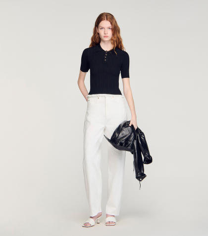 Женский черный вязаный топ с воротником поло