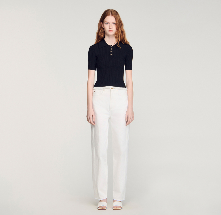 Жіночий чорний в'язаний топ з коміром поло