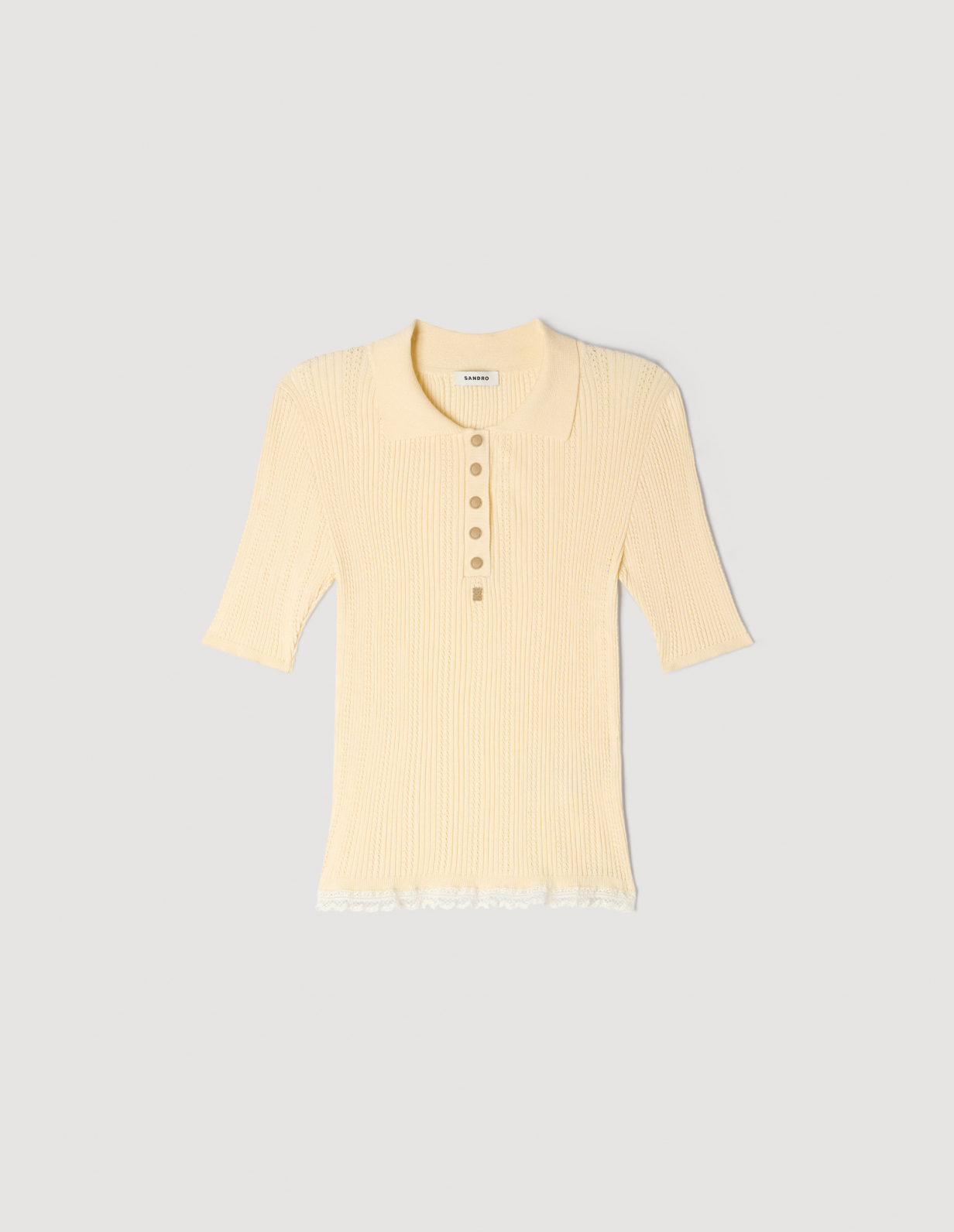 Жіночий молочний в'язаний топ з коміром поло_6