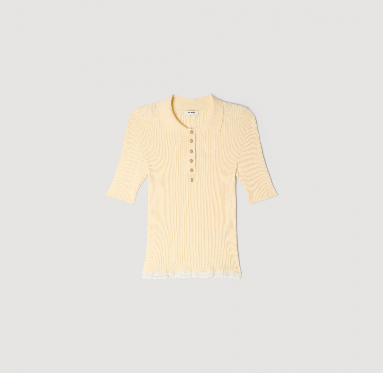 Жіночий молочний в'язаний топ з коміром поло