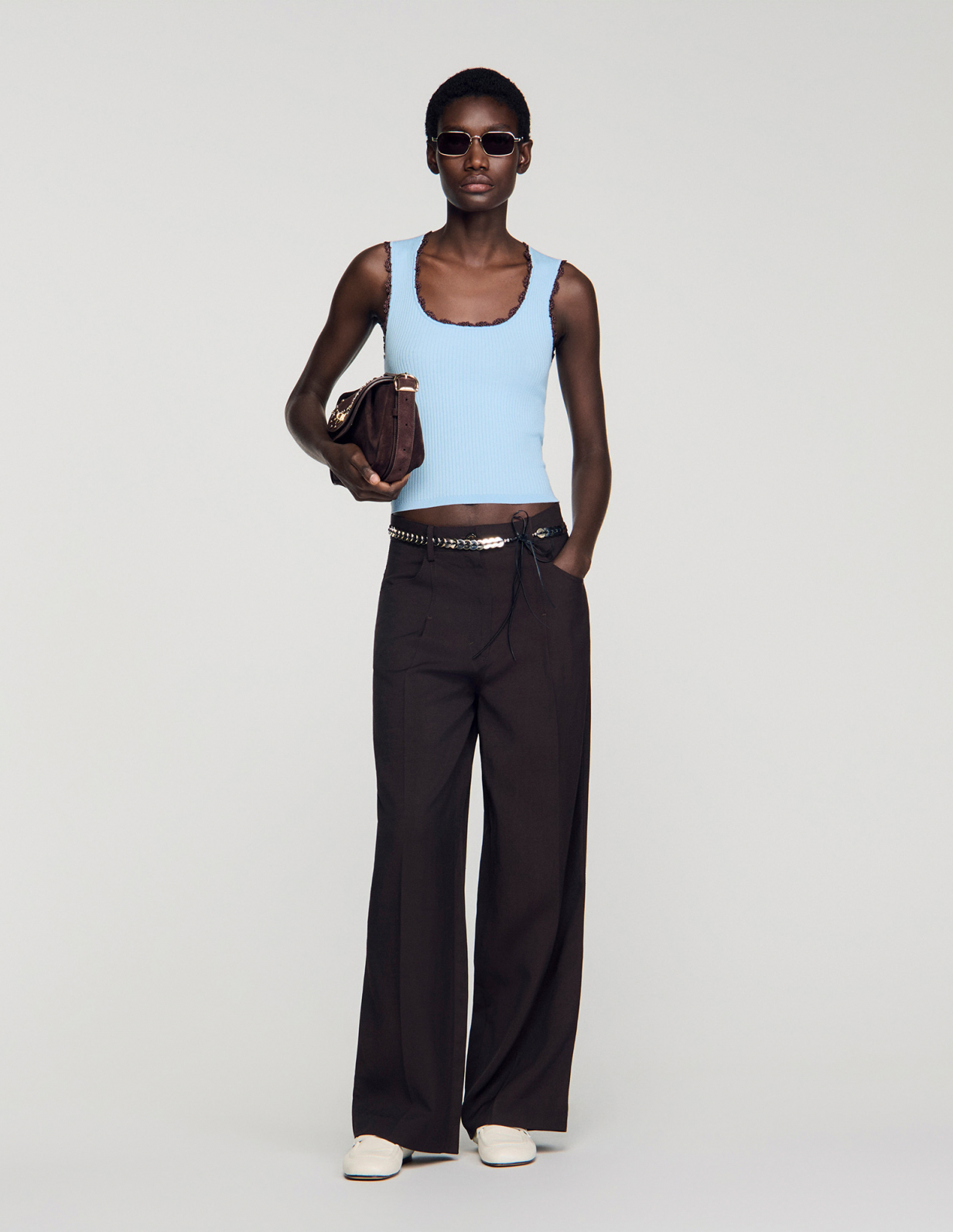 Женский голубой топ с вязаной отделкой_1