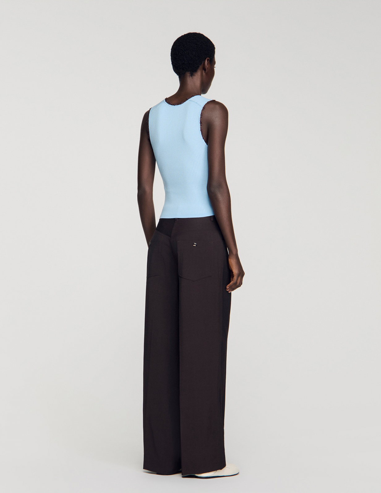 Женский голубой топ с вязаной отделкой_5