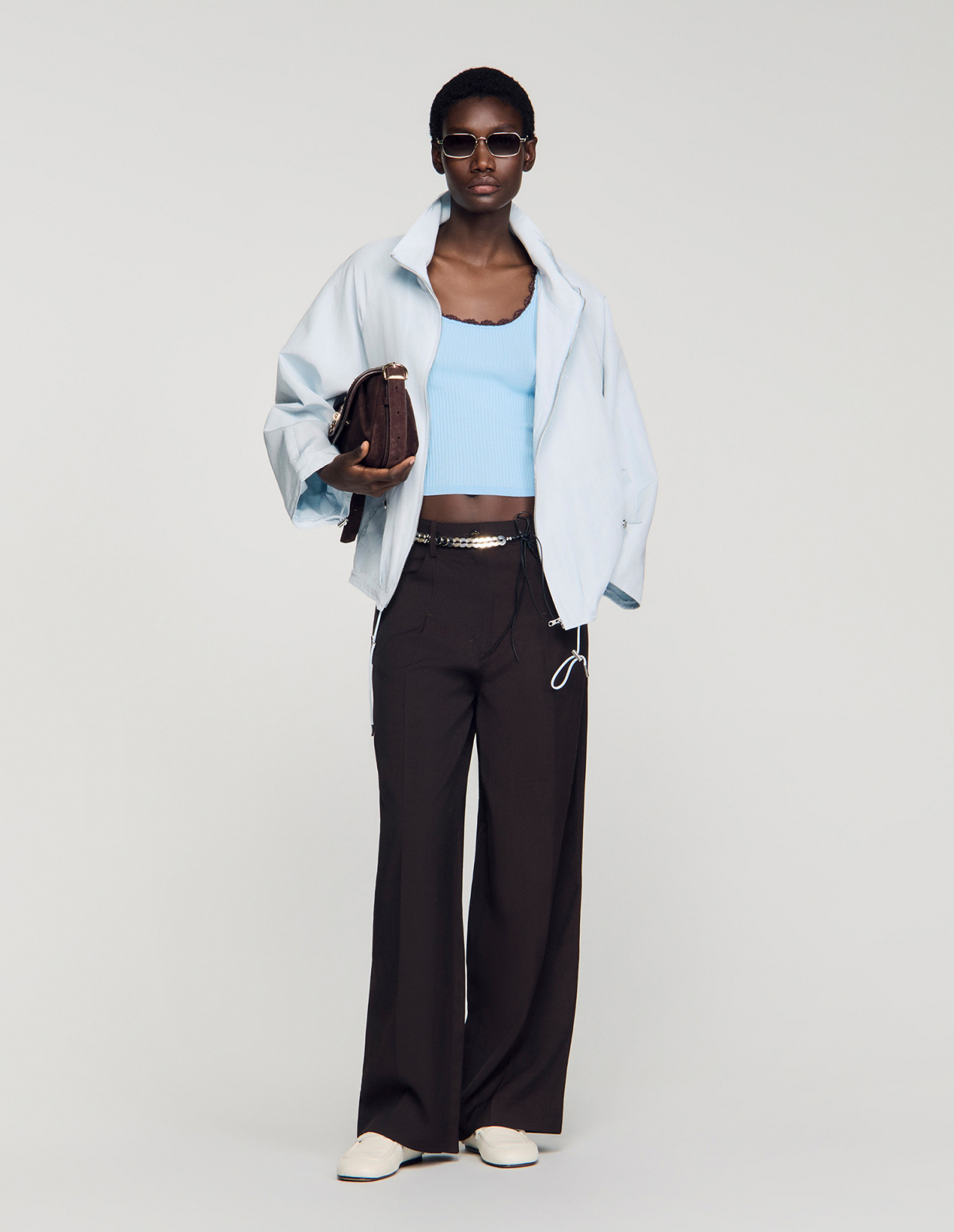 Женский голубой топ с вязаной отделкой_6