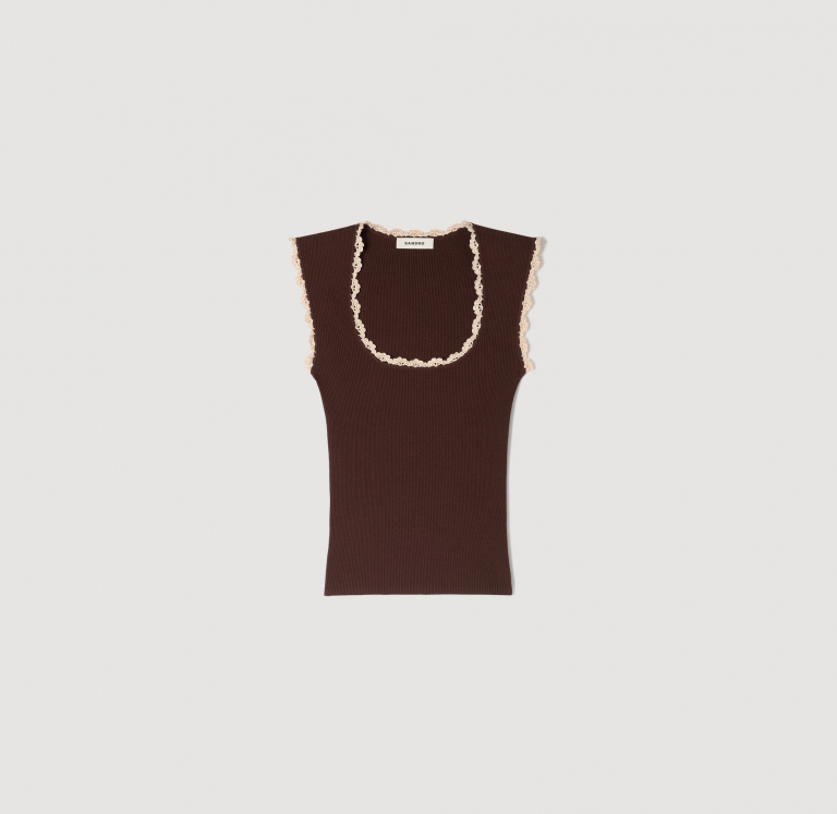 Женский коричневый топ с вязаной отделкой