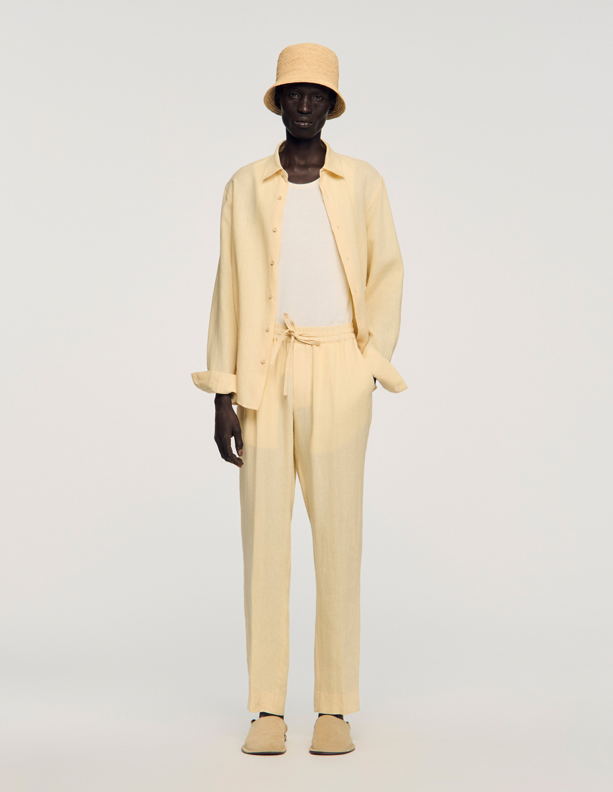 Чоловічі молочні льняні брюки_1