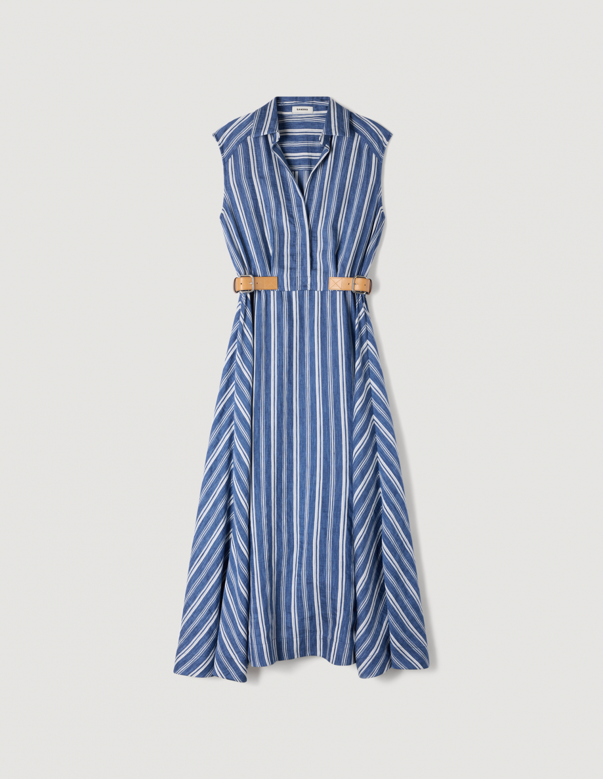 Женское платье в полоску с кожаной застежкой_6