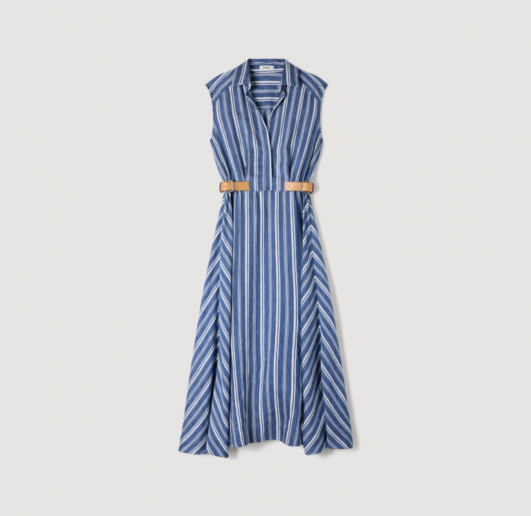 Женское платье в полоску с кожаной застежкой