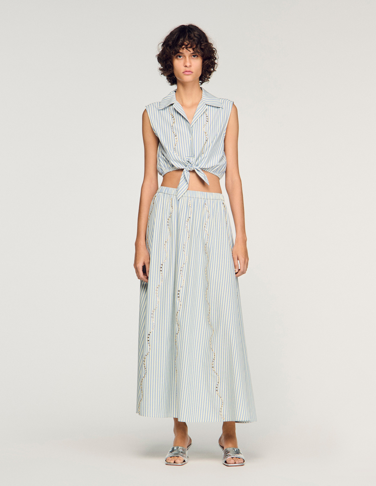 Жіноча коротка смугаста сорочка зі стразами_1