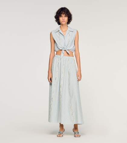 Женская короткая полосатая рубашка со стразами