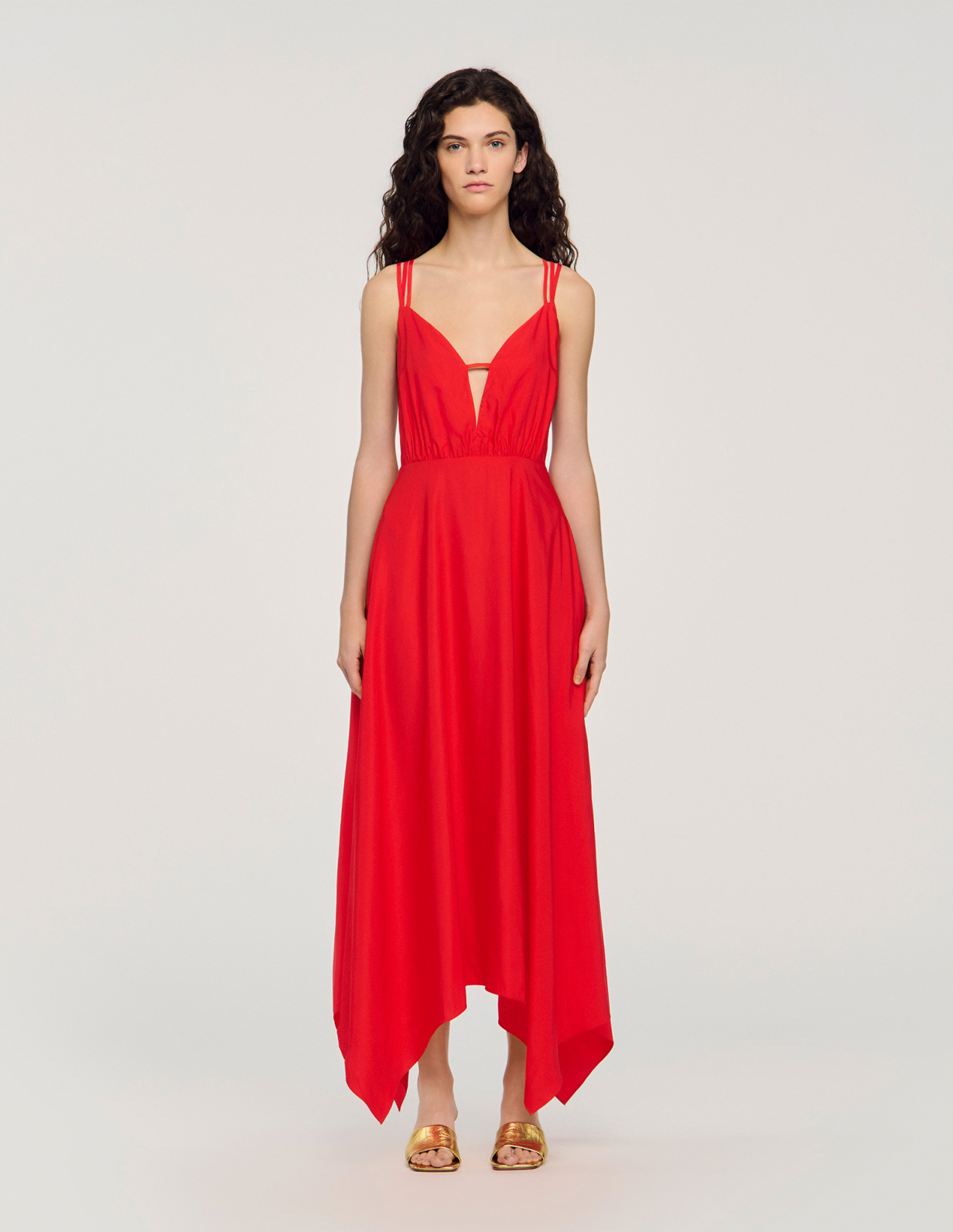 Жіноча червона сукня з асиметричним подолом_2