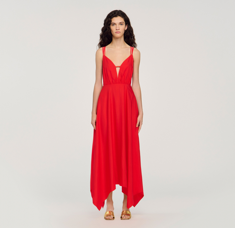 Жіноча червона сукня з асиметричним подолом