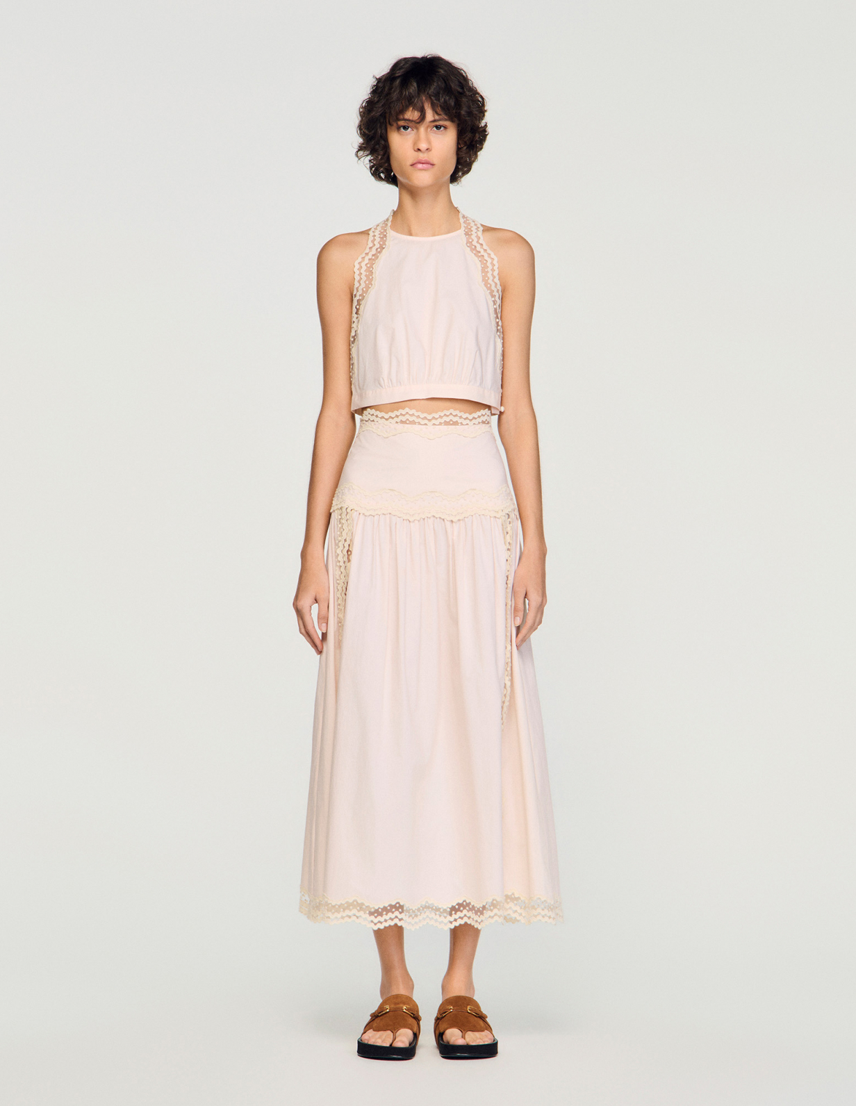 Жіночий рожевий топ з мереживним оздобленням_2