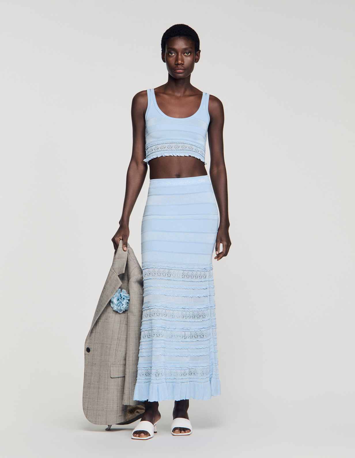 Жіноча блакитна в'язана спідниця з ажурним візерунком_1