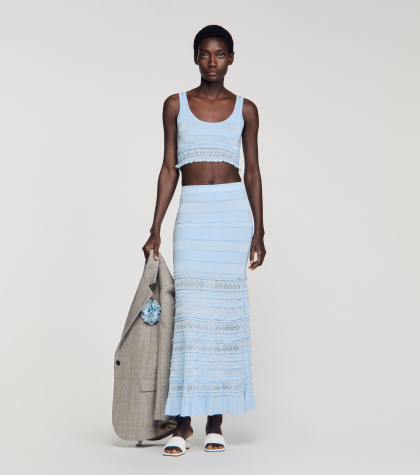 Женская голубая вязаная юбка с ажурным узором