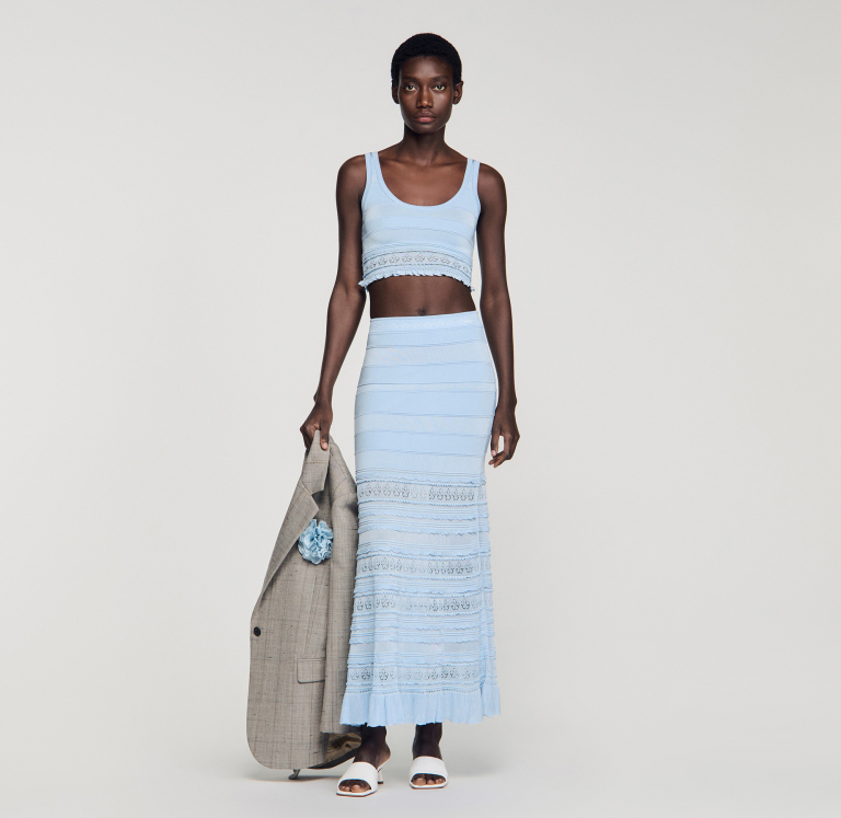 Жіноча блакитна в'язана спідниця з ажурним візерунком