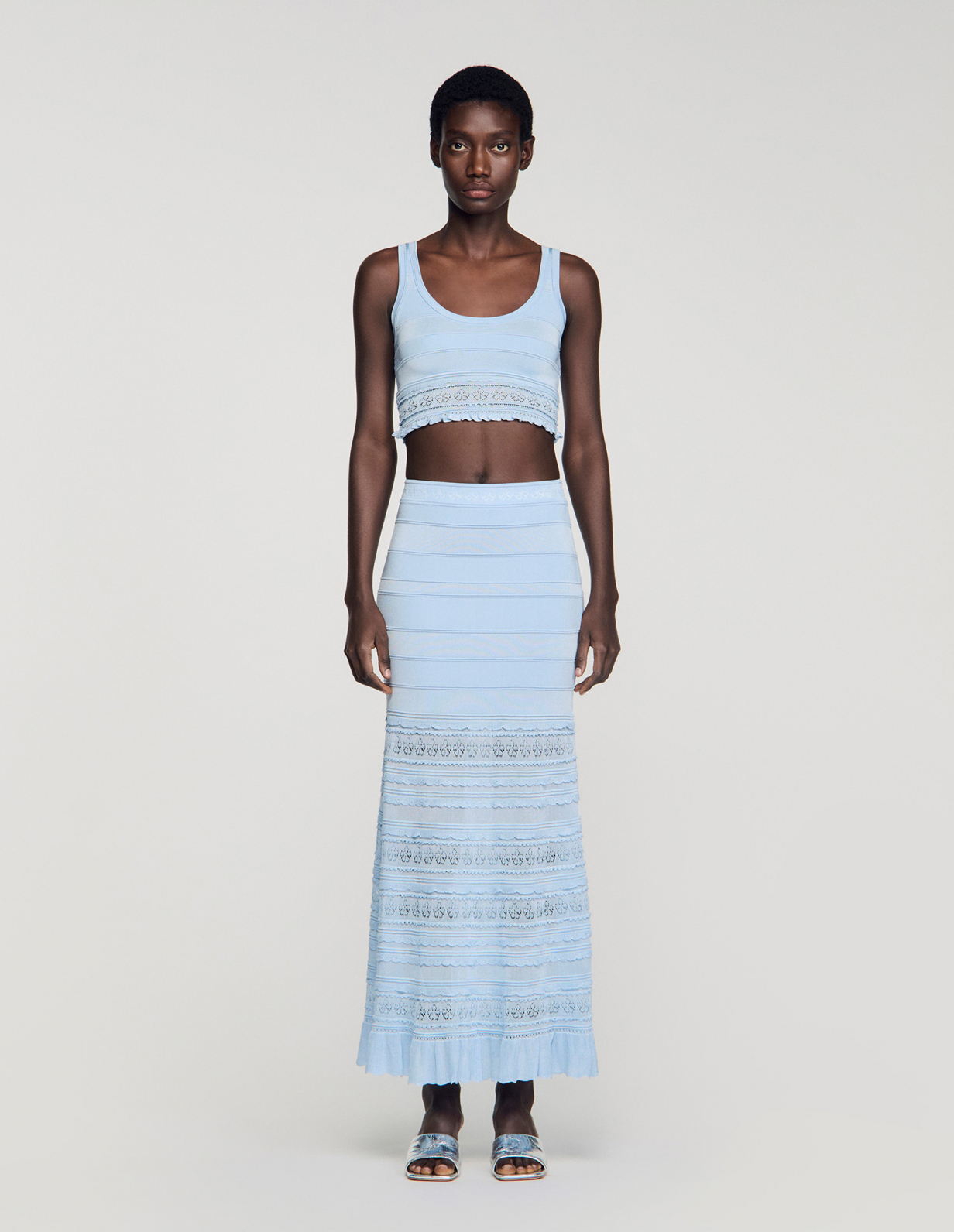 Жіноча блакитна в'язана спідниця з ажурним візерунком_2