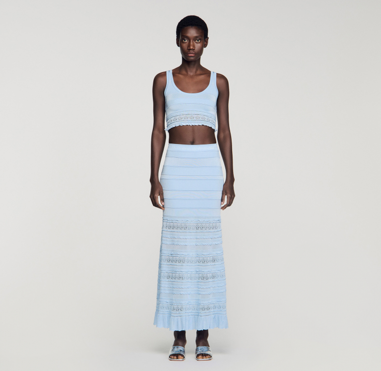 Жіноча блакитна в'язана спідниця з ажурним візерунком