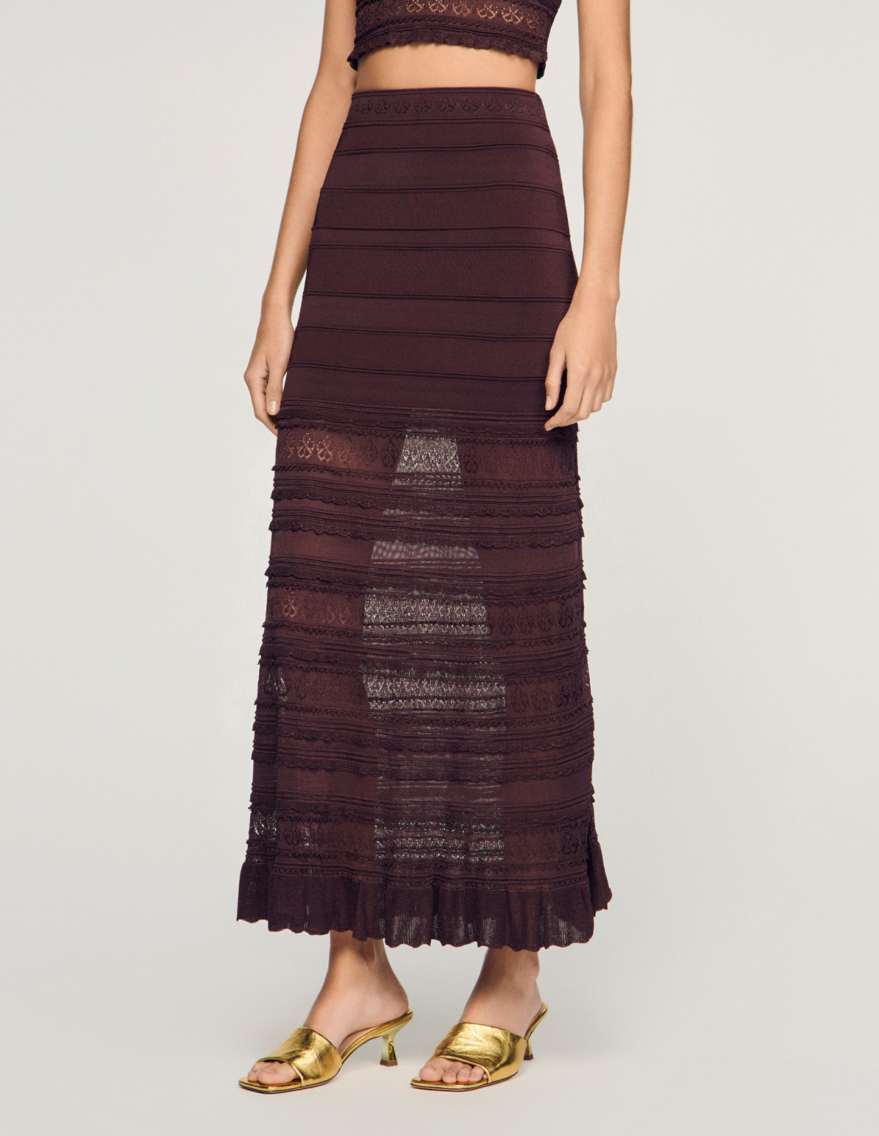 Жіноча коричнева в'язана спідниця з ажурним візерунком_4