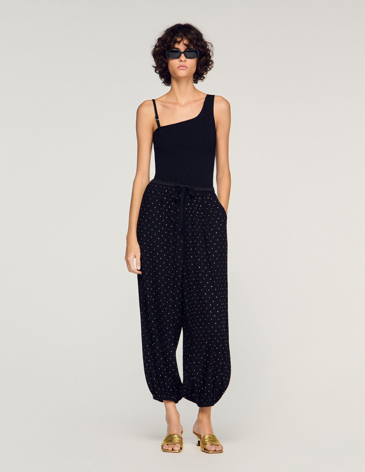 Жіночі широкі брюки, прикрашені стразами_1