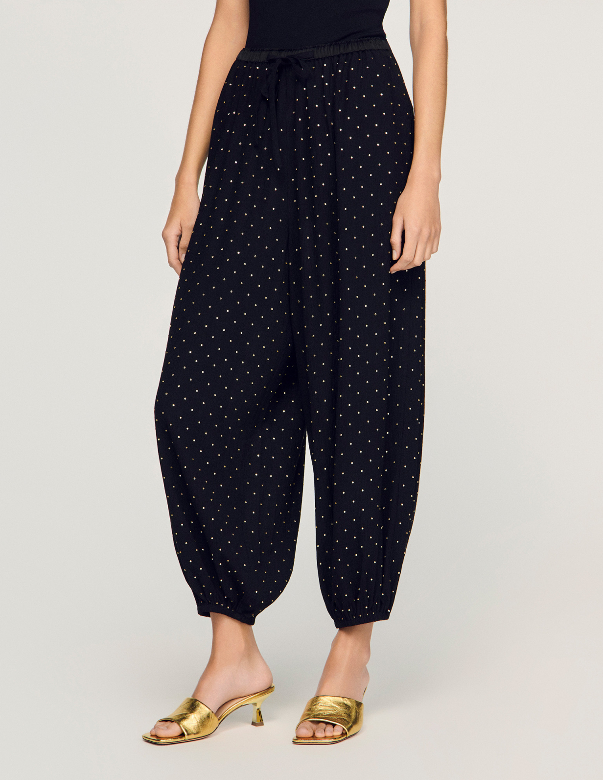 Жіночі широкі брюки, прикрашені стразами_4