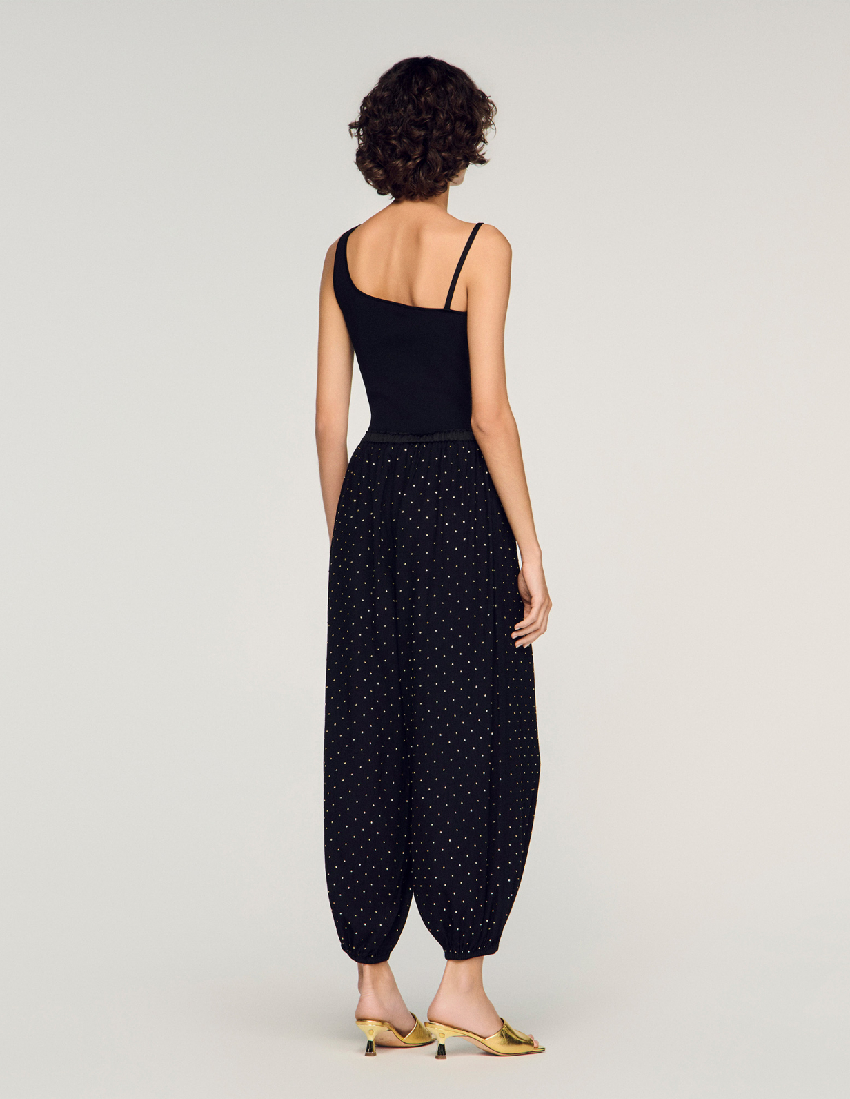 Жіночі широкі брюки, прикрашені стразами_5