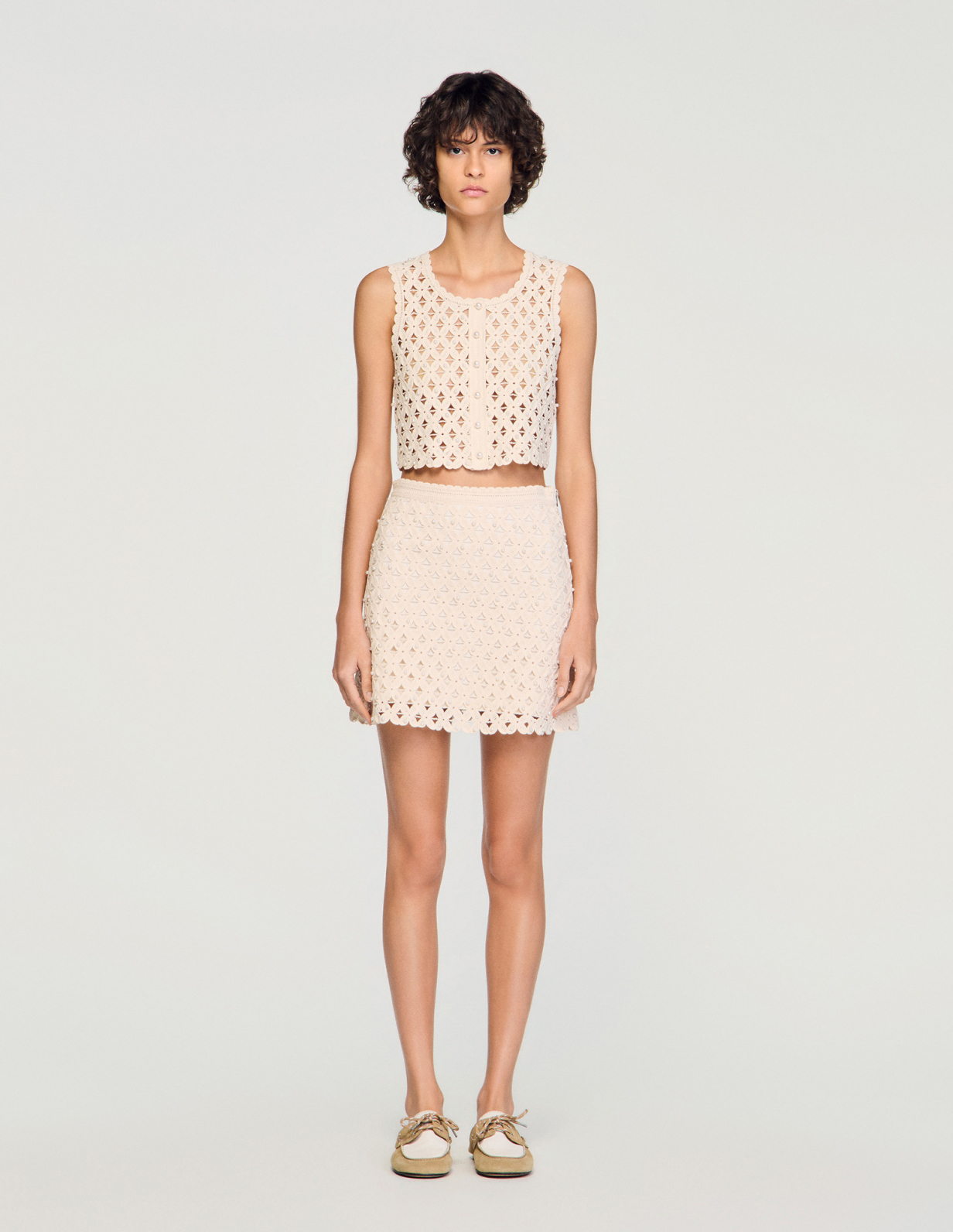 Жіночий молочний в'язаний топ з перлами_2