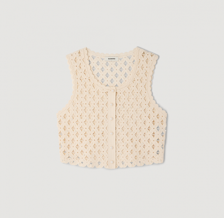 Жіночий молочний в'язаний топ з перлами