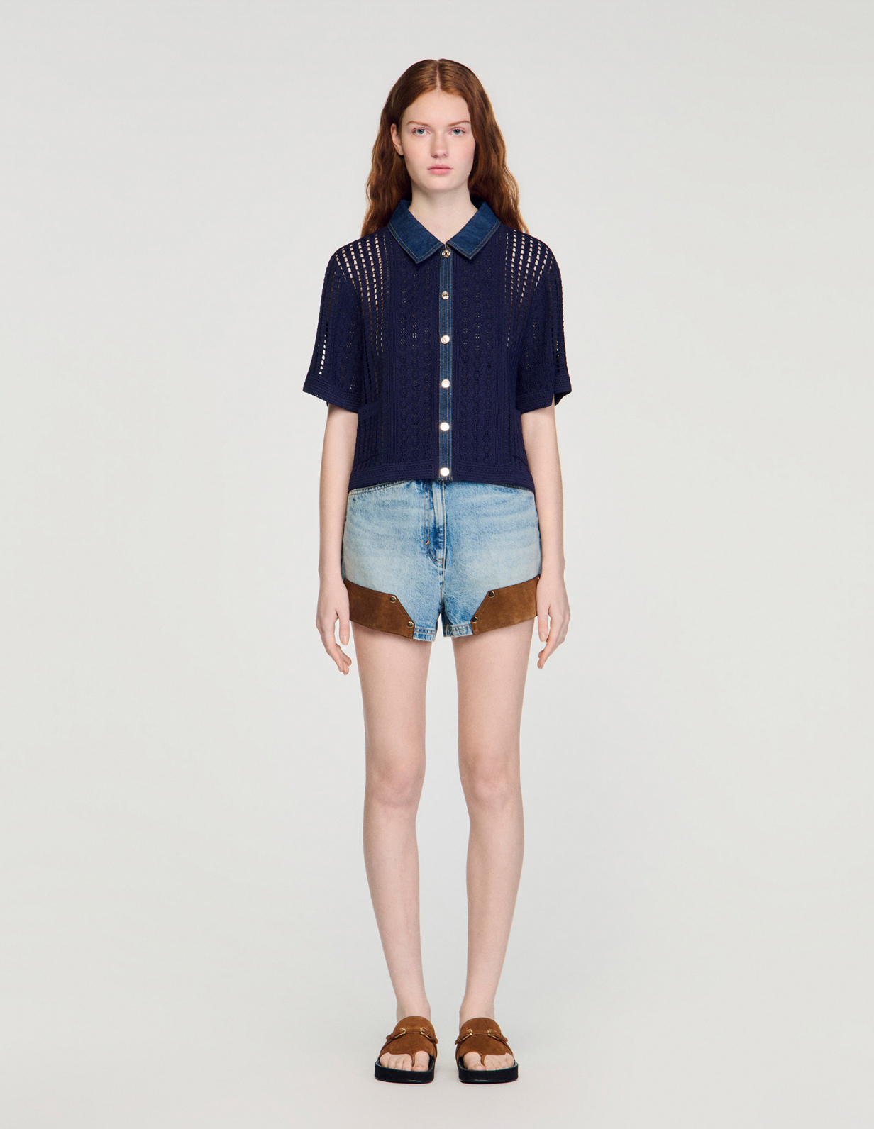 Женский вязаный кардиган с джинсовыми деталями_2