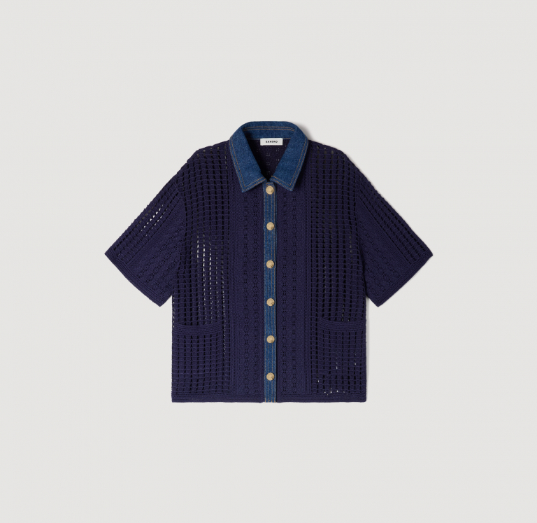 Женский вязаный кардиган с джинсовыми деталями