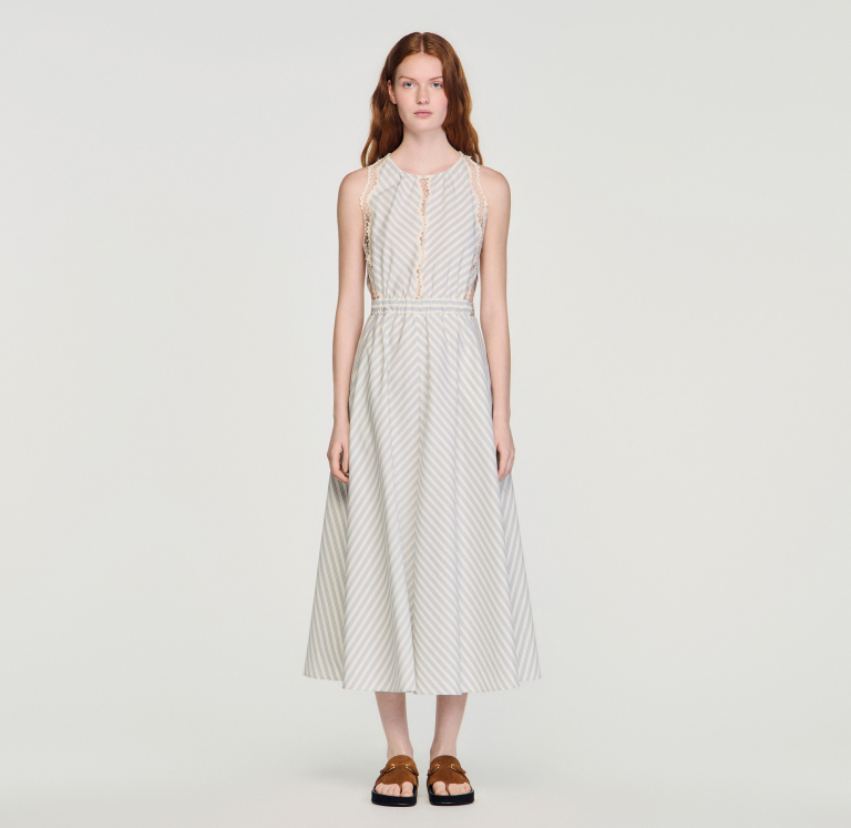 Жіноча смугаста сукня з мереживними деталями