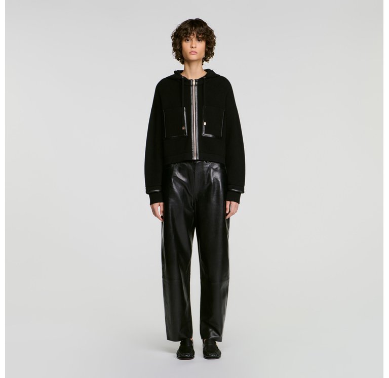 Кардиган з капюшоном і шкіряною обробкою