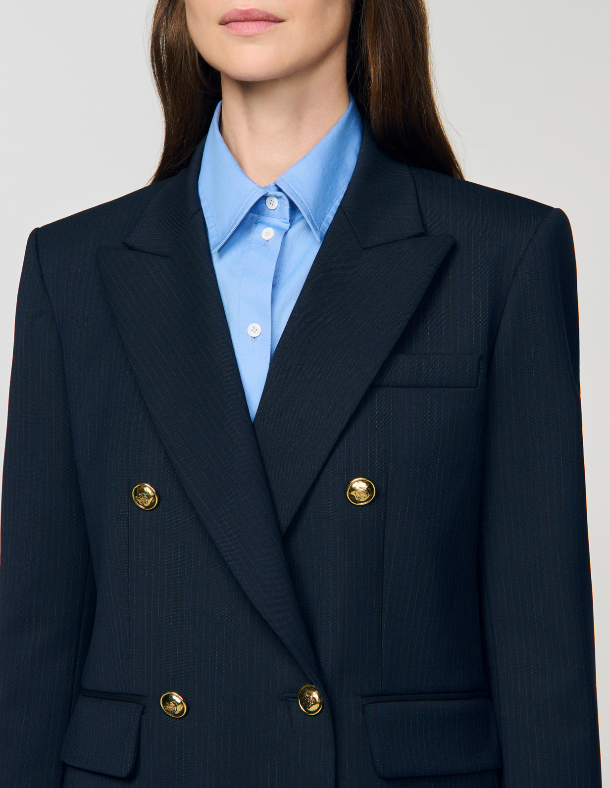 Женский синий жакет в тонкую полоску_3