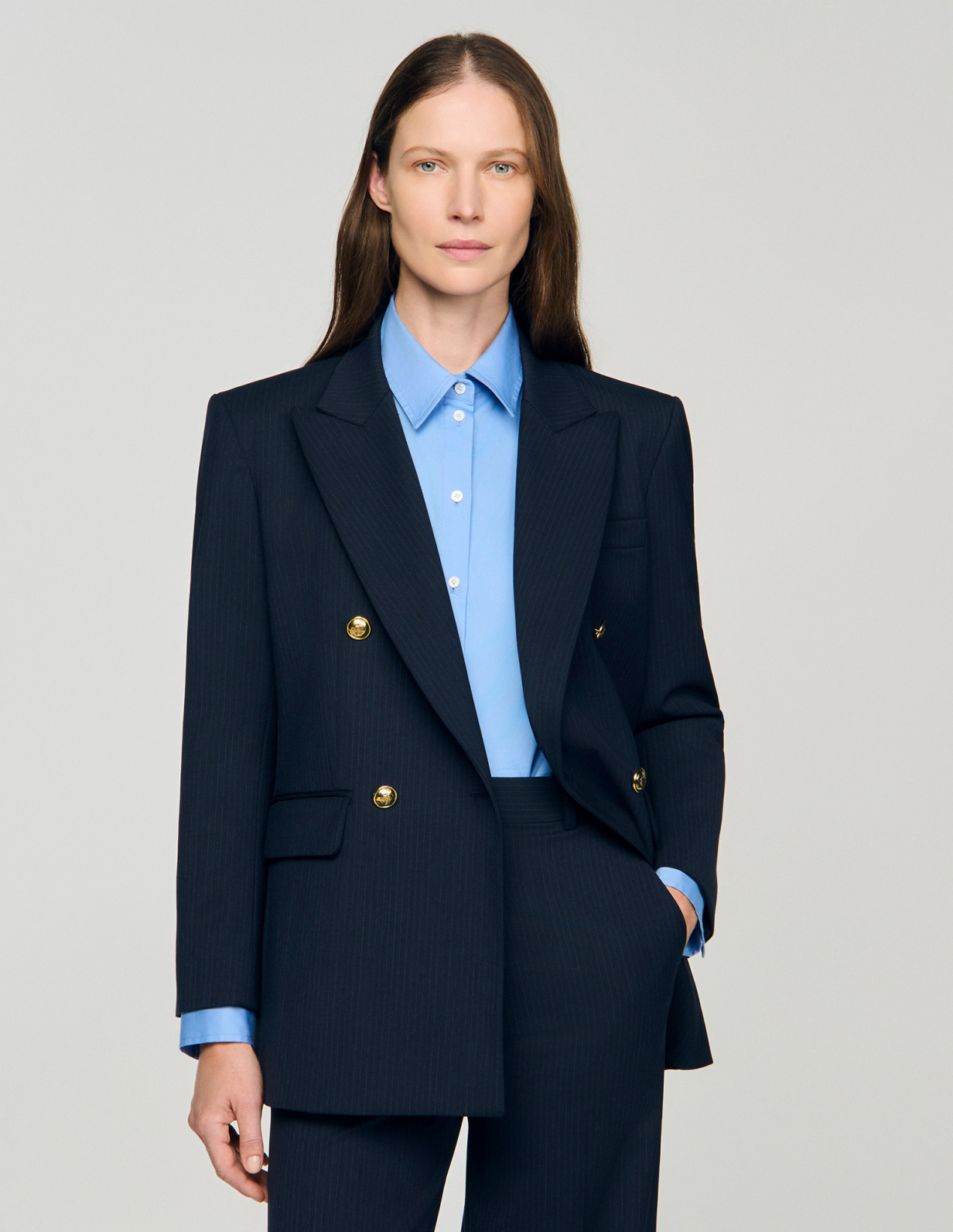 Женский синий жакет в тонкую полоску_4