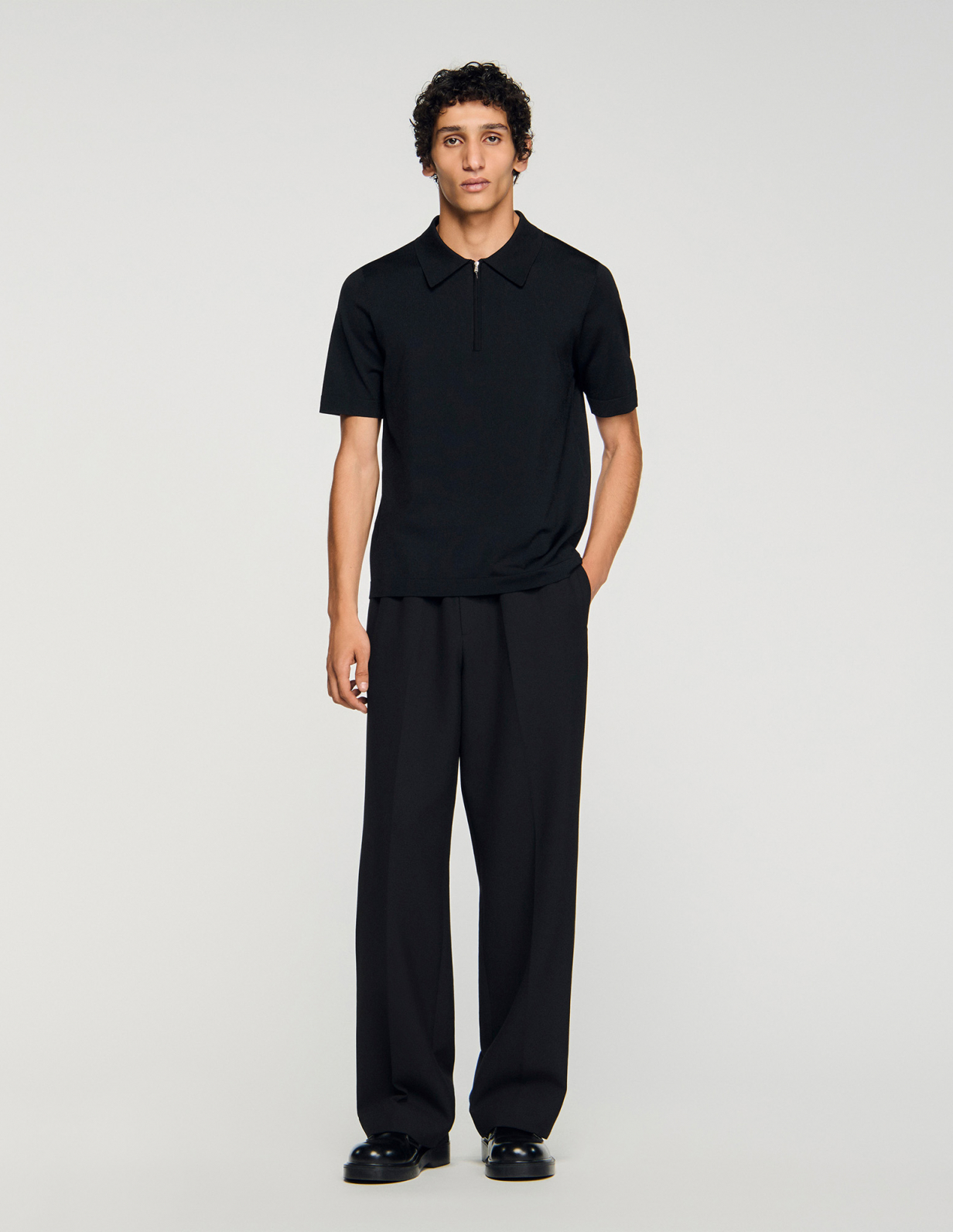 Чоловіче чорне в'язане поло із застібкою-блискавкою_1