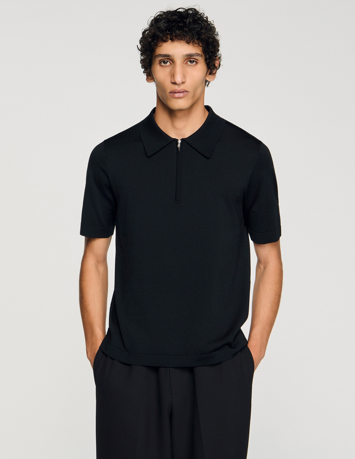 Чоловіче чорне в'язане поло із застібкою-блискавкою_4
