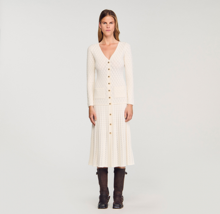 Женское молочное платье фантазийной вязки